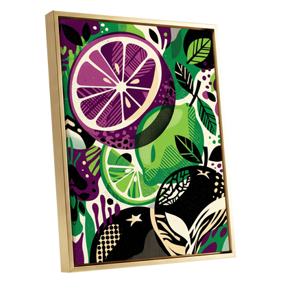 Electric Citrus Grove, black, green, purple nature wall art shown as a gold framed canvas wall art