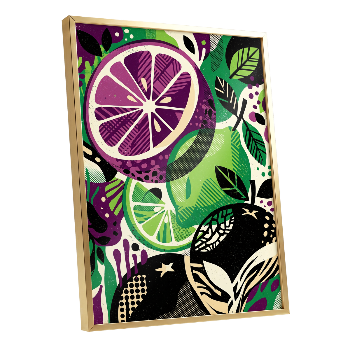 Electric Citrus Grove, black, green, purple nature wall art shown as a gold framed poster wall art print