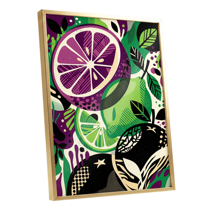 Electric Citrus Grove, black, green, purple nature wall art shown as a gold framed poster wall art print
