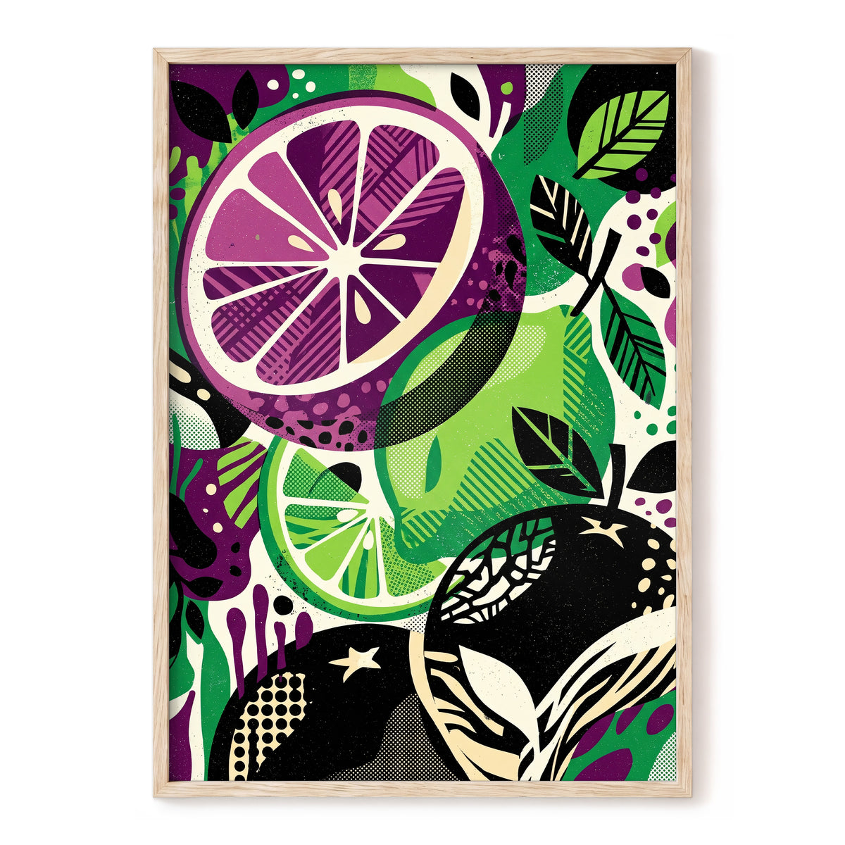 Electric Citrus Grove, black, green, purple nature wall art, front artwork view