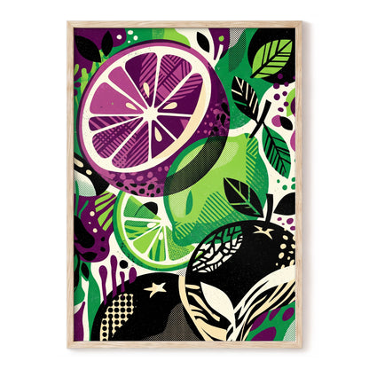 Electric Citrus Grove, black, green, purple nature wall art, front artwork view