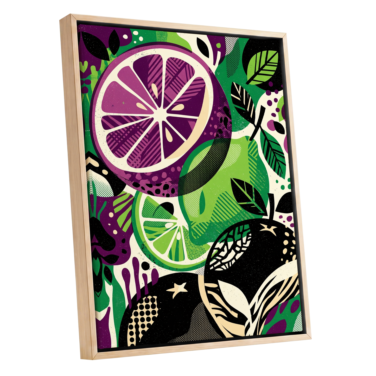 Electric Citrus Grove, black, green, purple nature wall art shown as a oak framed canvas wall art