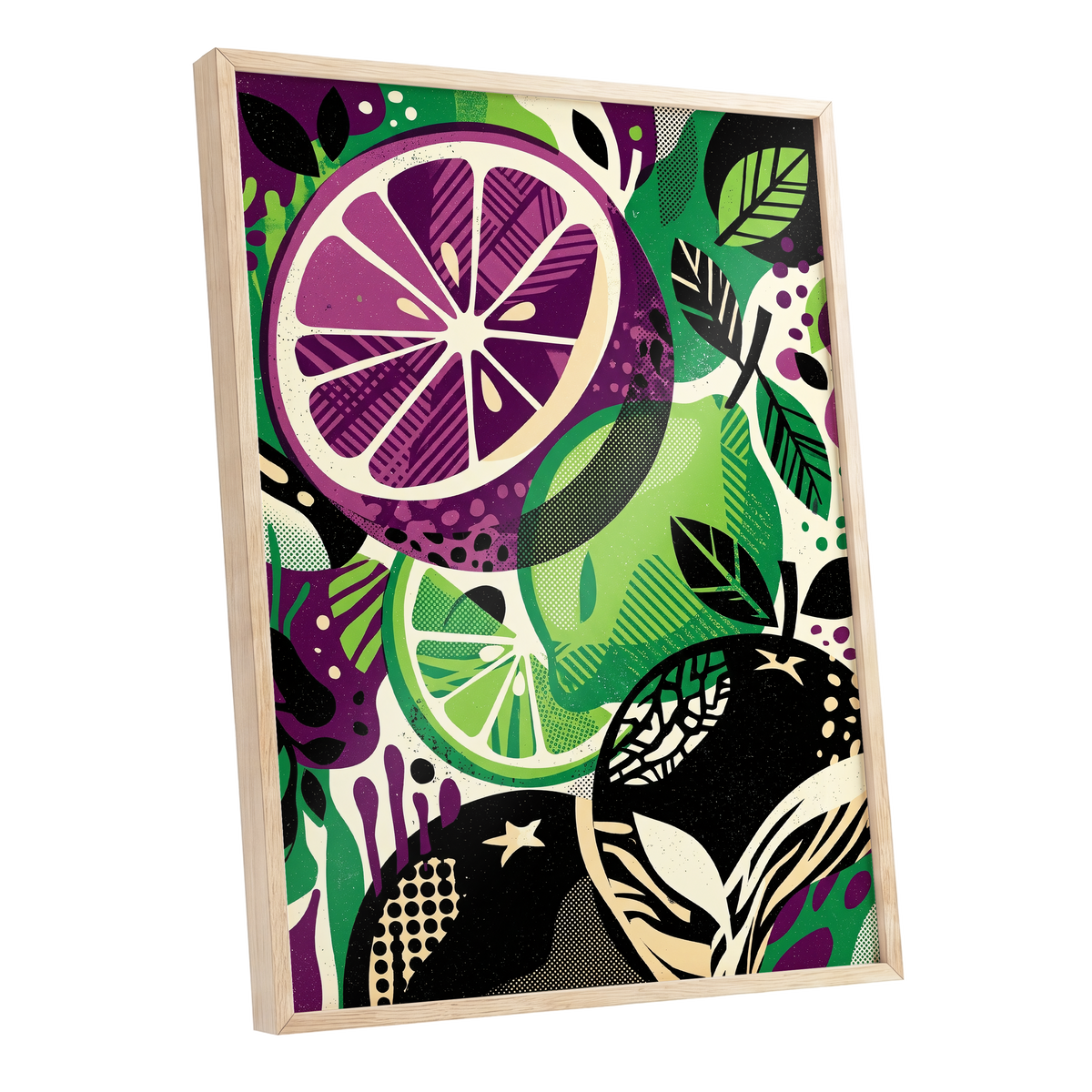 Electric Citrus Grove, black, green, purple nature wall art shown as a oak framed poster wall art print