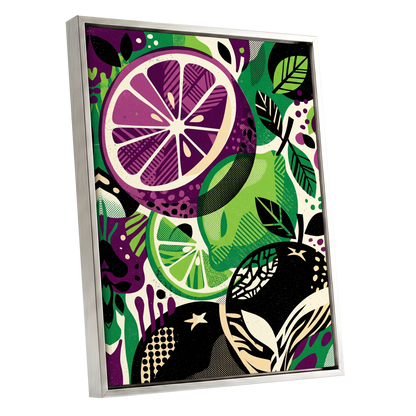 Electric Citrus Grove, black, green, purple nature wall art shown as a silver framed canvas wall art