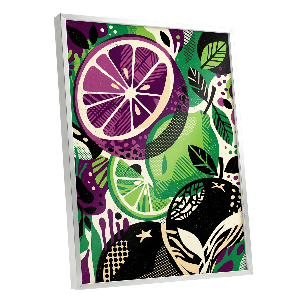Electric Citrus Grove, black, green, purple nature wall art shown as a silver framed poster wall art print