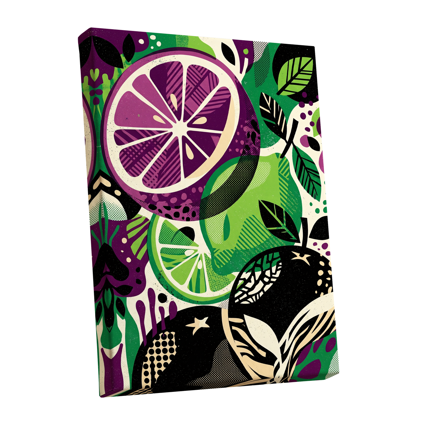 Electric Citrus Grove, black, green, purple nature wall art shown as a stretched canvas wall art