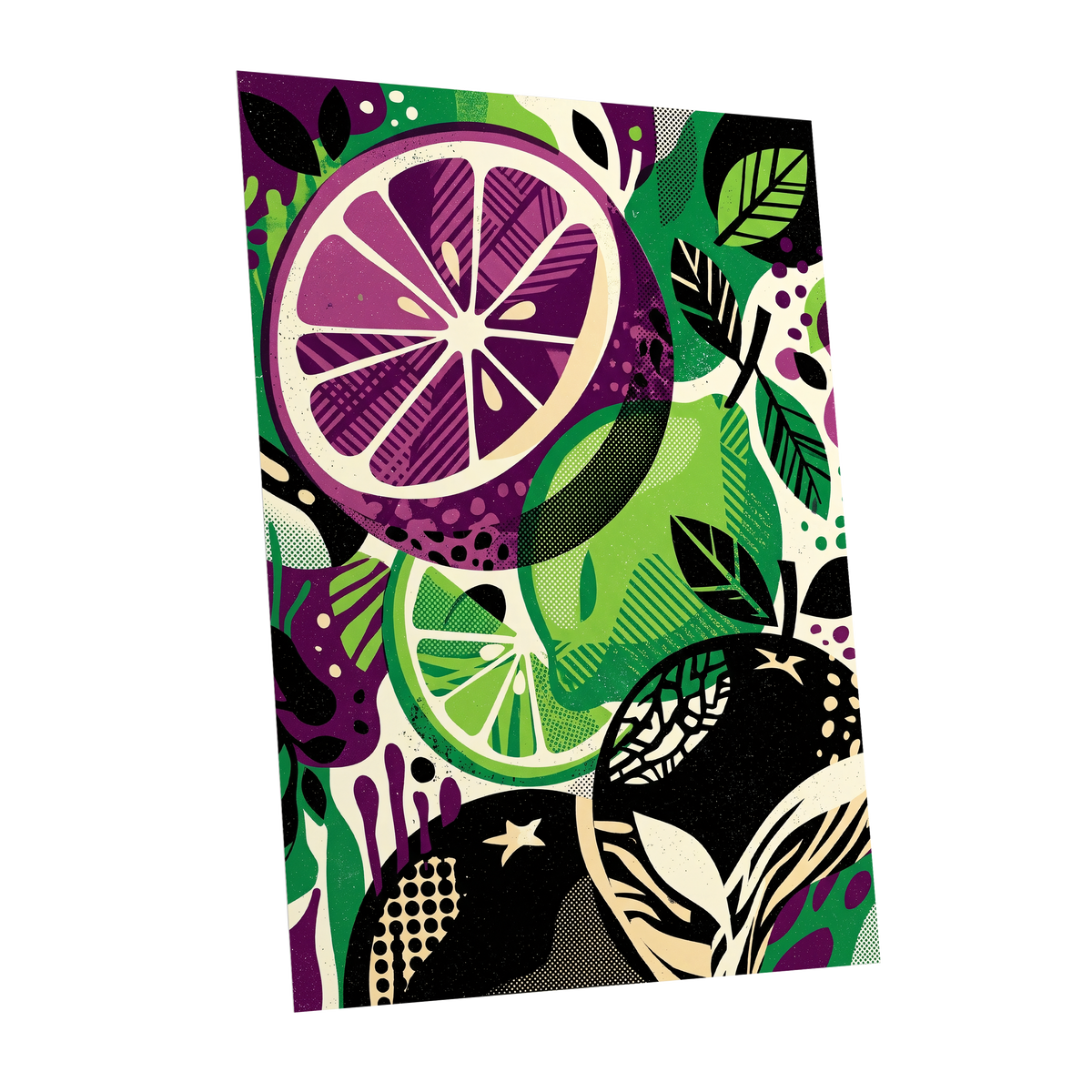 Electric Citrus Grove, black, green, purple nature wall art shown as a unframed poster wall art print