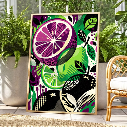 Electric Citrus Grove, black, green, purple nature wall art displayed in a styled interior, gallery view 1