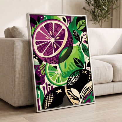 Electric Citrus Grove, black, green, purple nature wall art displayed in a styled interior, gallery view 2
