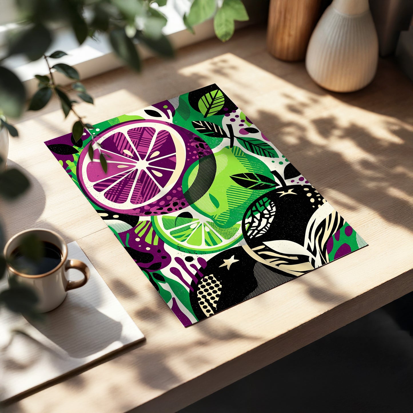 Electric Citrus Grove, black, green, purple nature wall art displayed in a styled interior, gallery view 3