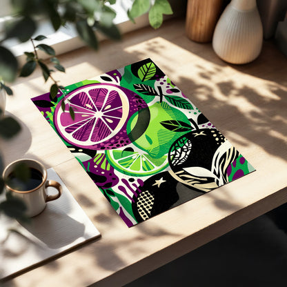 Electric Citrus Grove, black, green, purple nature wall art displayed in a styled interior, gallery view 3