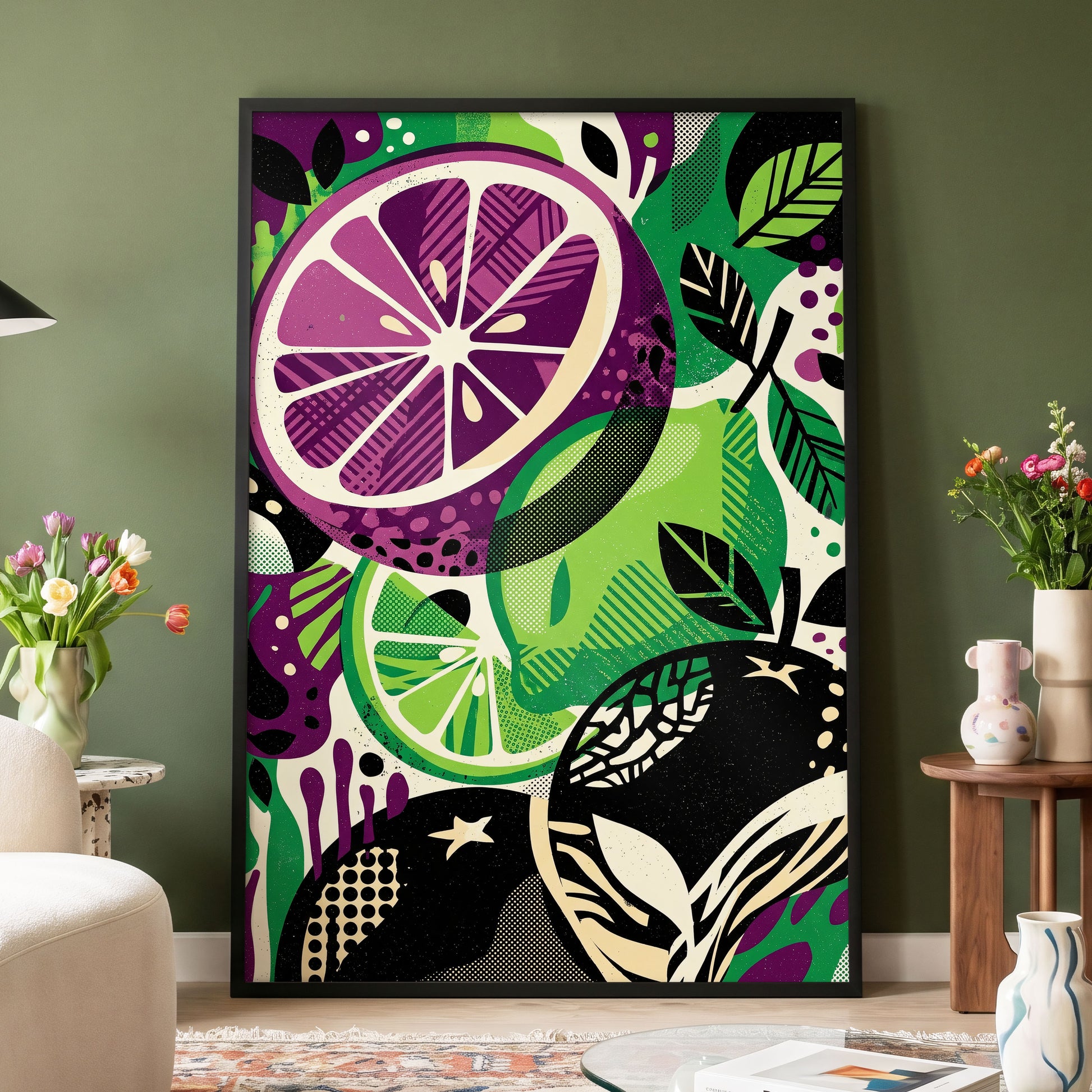 Electric Citrus Grove, black, green, purple nature wall art displayed in a styled interior, gallery view 4