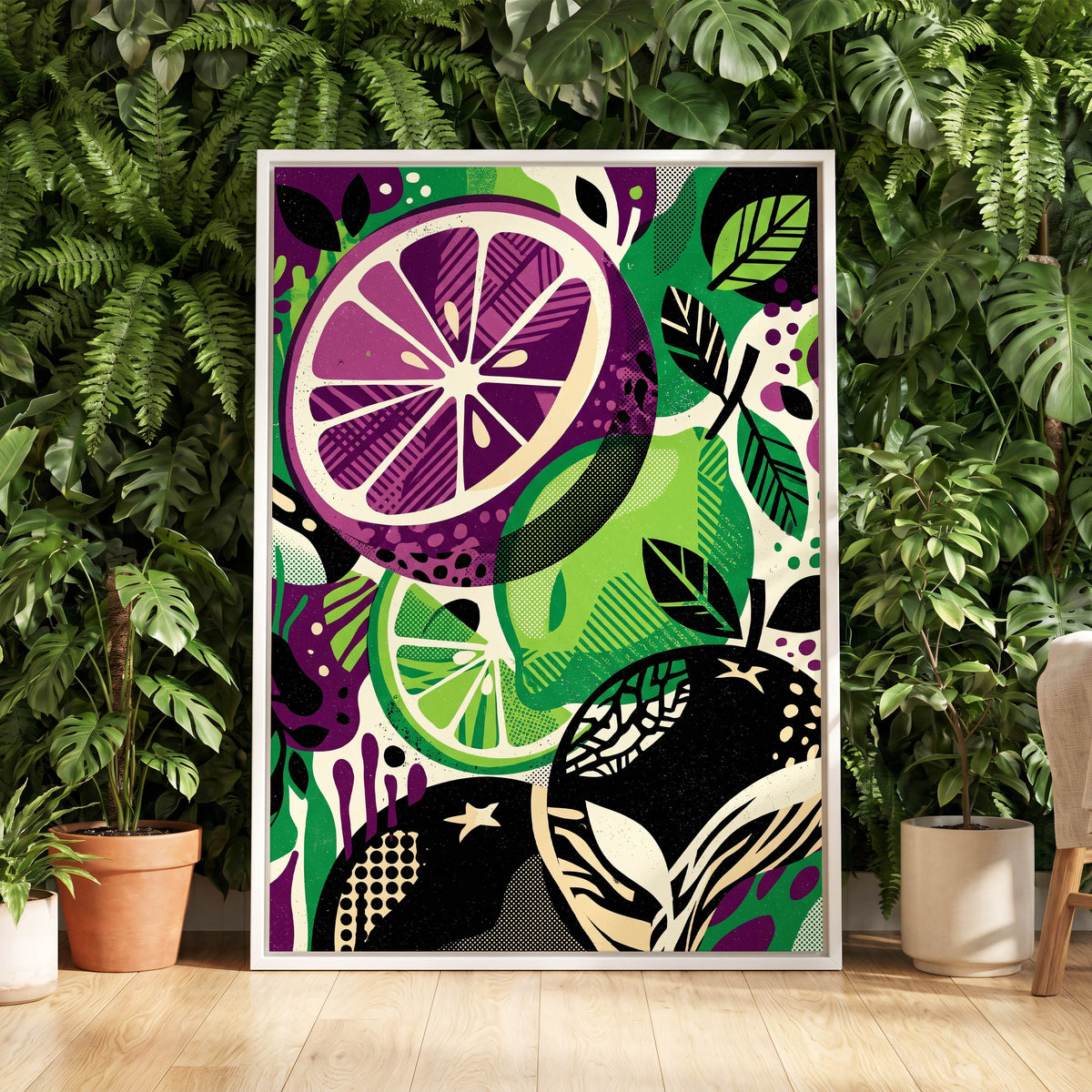 Electric Citrus Grove, black, green, purple nature wall art displayed in a styled interior, gallery view 5