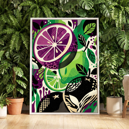 Electric Citrus Grove, black, green, purple nature wall art displayed in a styled interior, gallery view 5