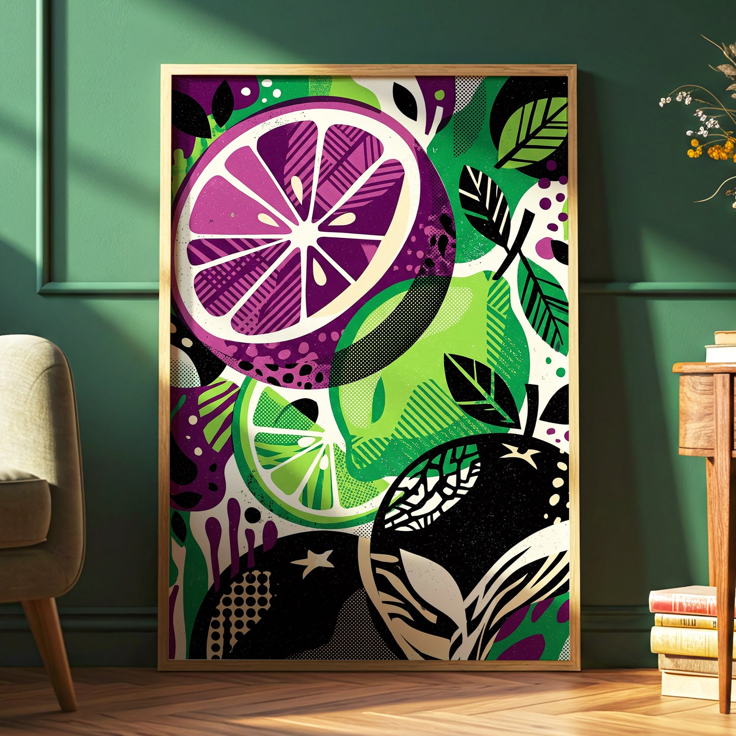 Electric Citrus Grove, black, green, purple nature wall art displayed in a styled interior, gallery view 6