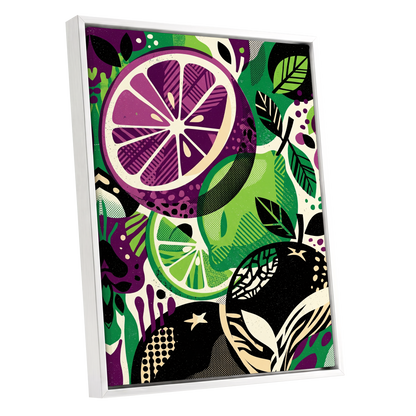 Electric Citrus Grove, black, green, purple nature wall art shown as a white framed canvas wall art