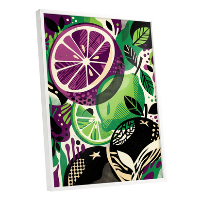Electric Citrus Grove, black, green, purple nature wall art shown as a white framed poster wall art print