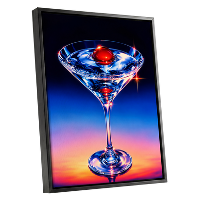 Electric Cocktail, blue, black, red abstract wall art shown as a black framed canvas wall art