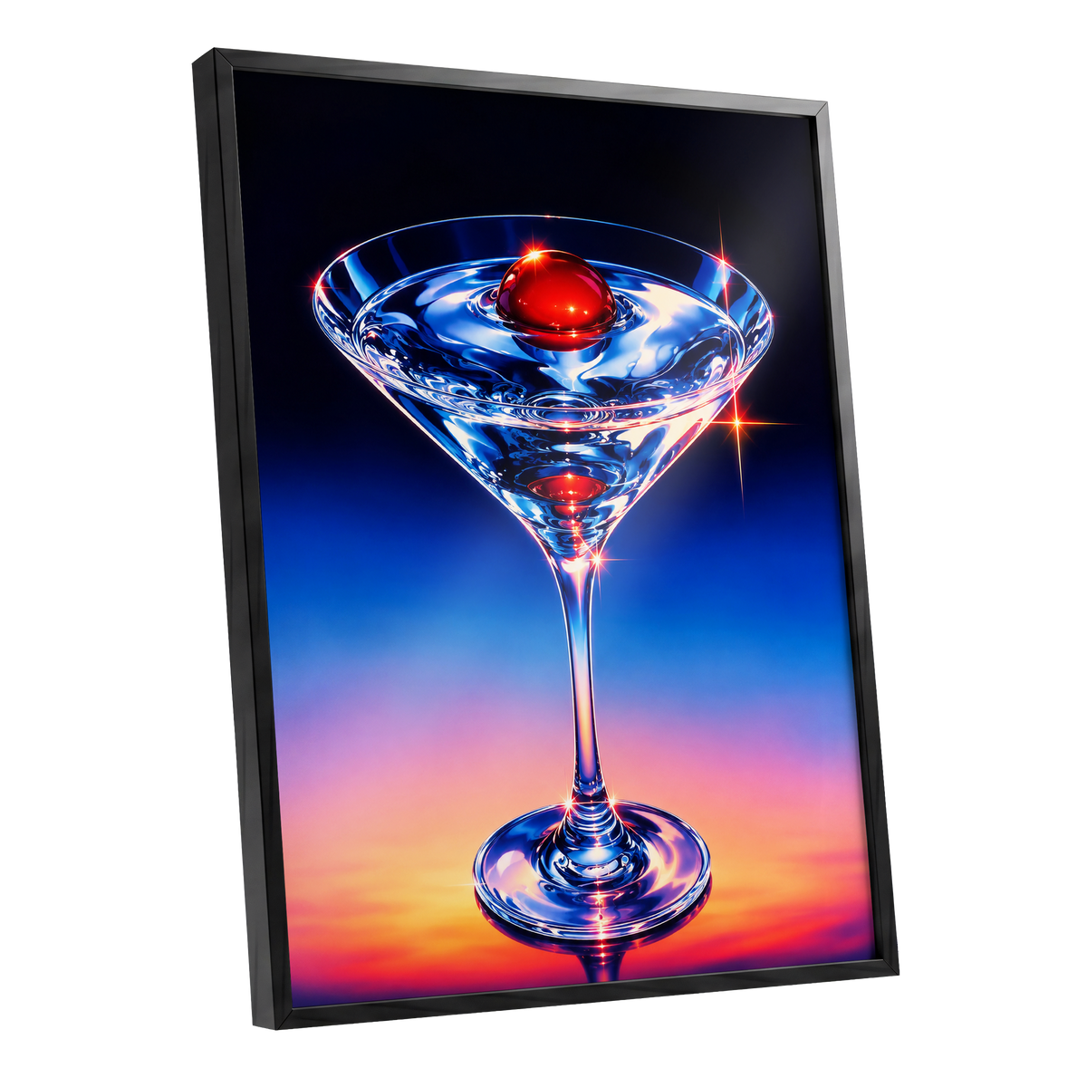 Electric Cocktail, blue, black, red abstract wall art shown as a black framed poster wall art print