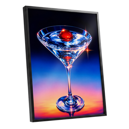 Electric Cocktail, blue, black, red abstract wall art shown as a black framed poster wall art print