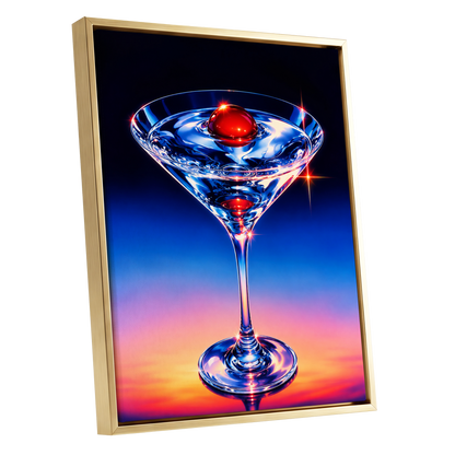 Electric Cocktail, blue, black, red abstract wall art shown as a gold framed canvas wall art