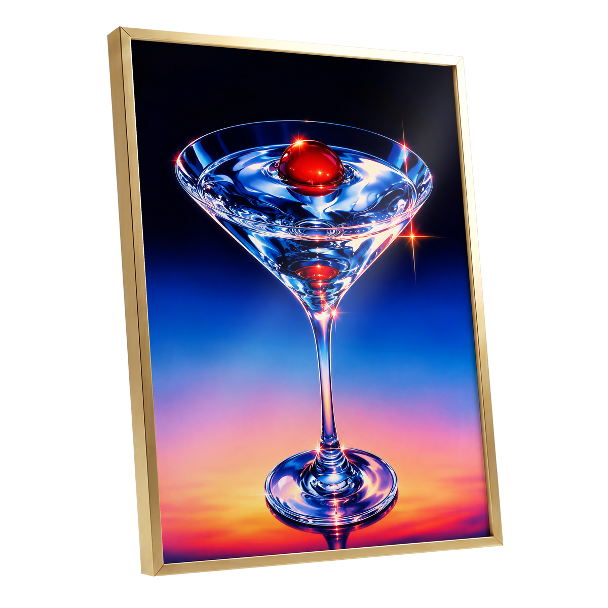 Electric Cocktail, blue, black, red abstract wall art shown as a gold framed poster wall art print