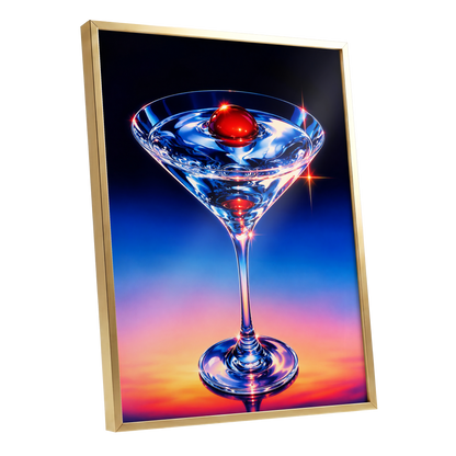 Electric Cocktail, blue, black, red abstract wall art shown as a gold framed poster wall art print