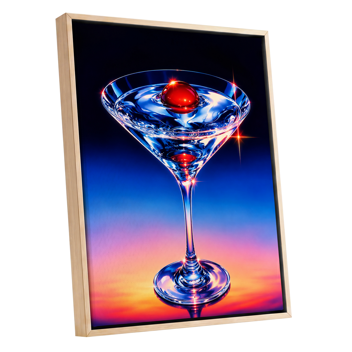 Electric Cocktail, blue, black, red abstract wall art shown as a oak framed canvas wall art