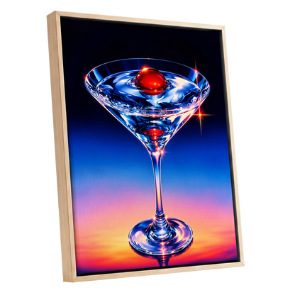 Electric Cocktail, blue, black, red abstract wall art shown as a oak framed canvas wall art