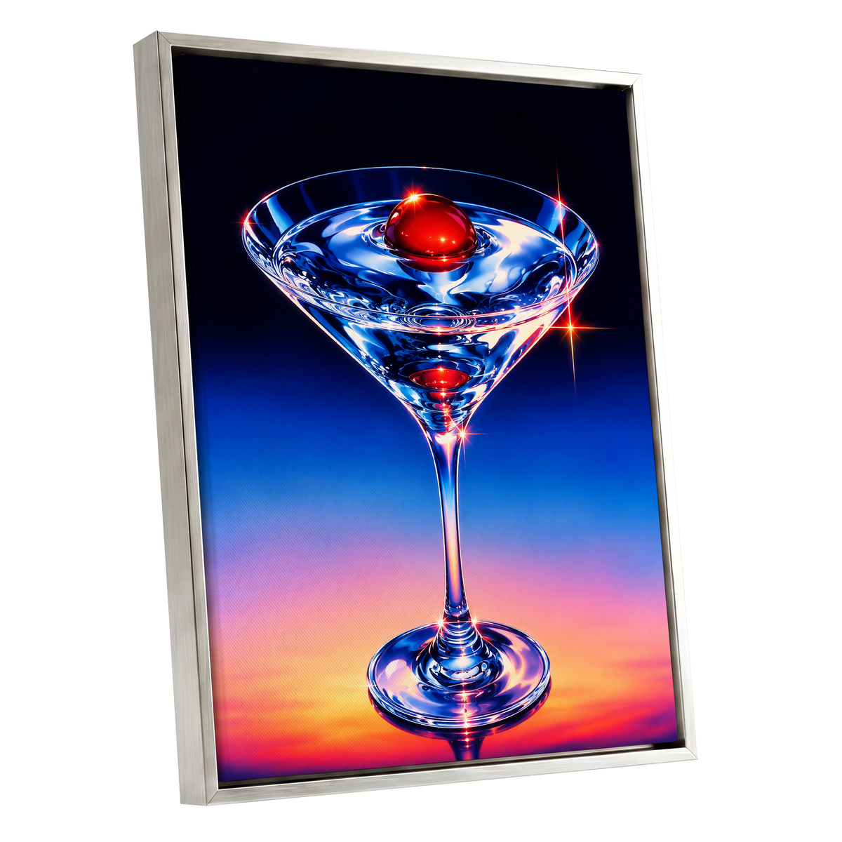 Electric Cocktail, blue, black, red abstract wall art shown as a silver framed canvas wall art