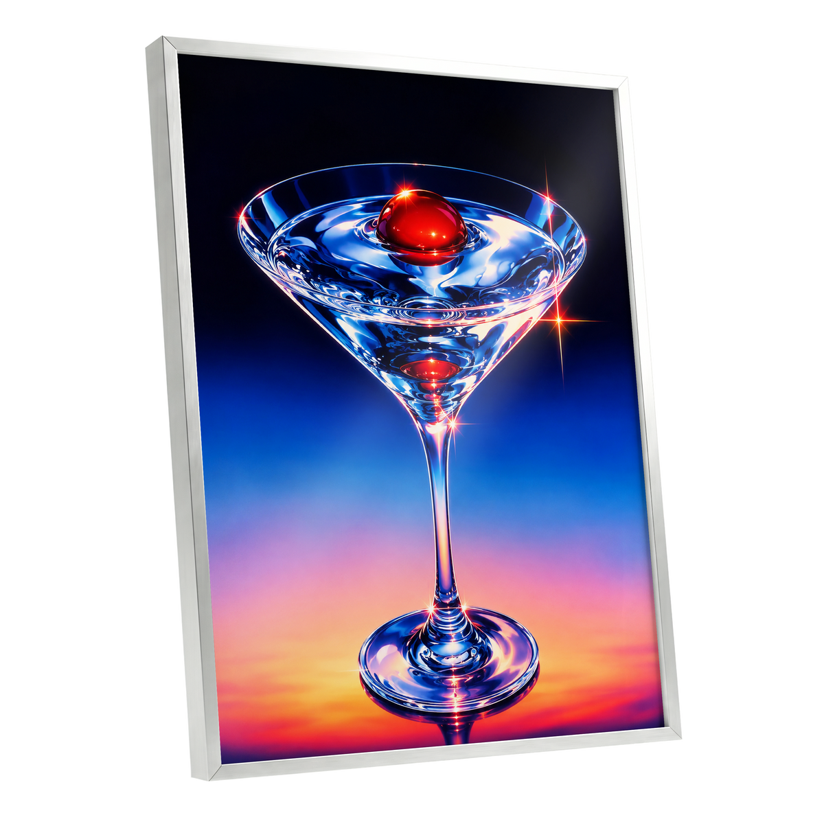 Electric Cocktail, blue, black, red abstract wall art shown as a silver framed poster wall art print