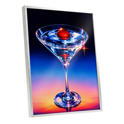 Electric Cocktail, blue, black, red abstract wall art shown as a silver framed poster wall art print