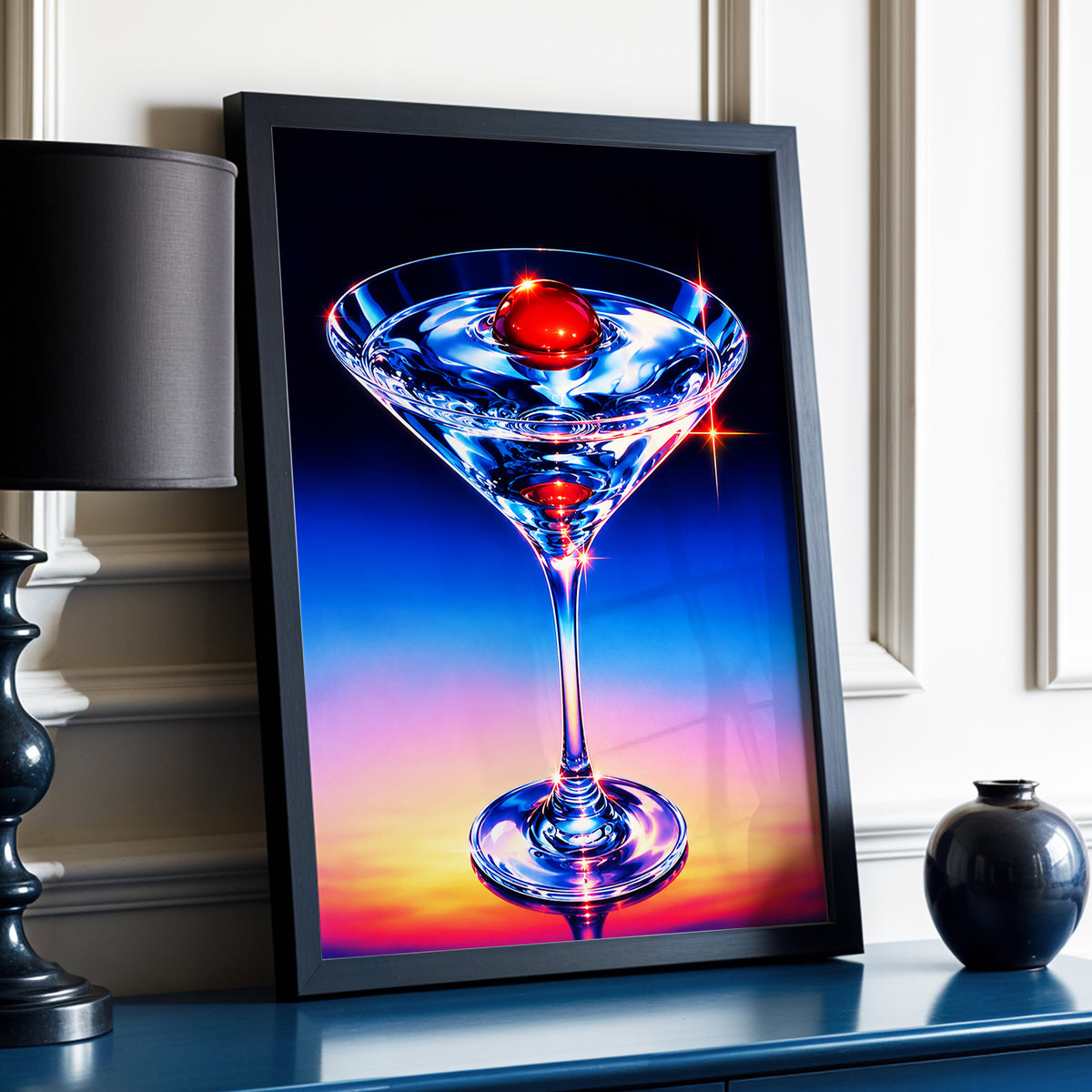 Electric Cocktail, blue, black, red abstract wall art displayed in a styled interior, gallery view 2