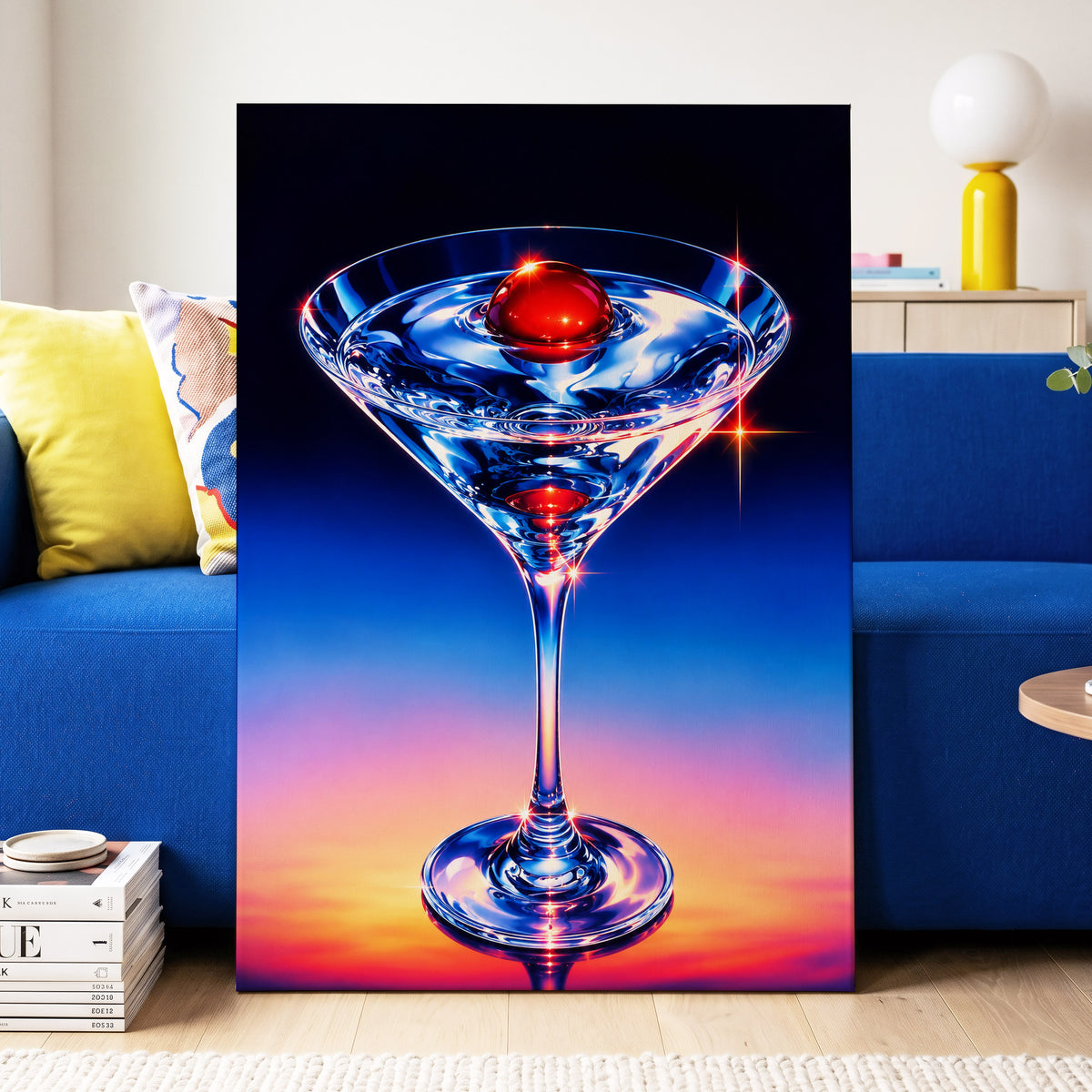 Electric Cocktail, blue, black, red abstract wall art displayed in a styled interior, gallery view 3