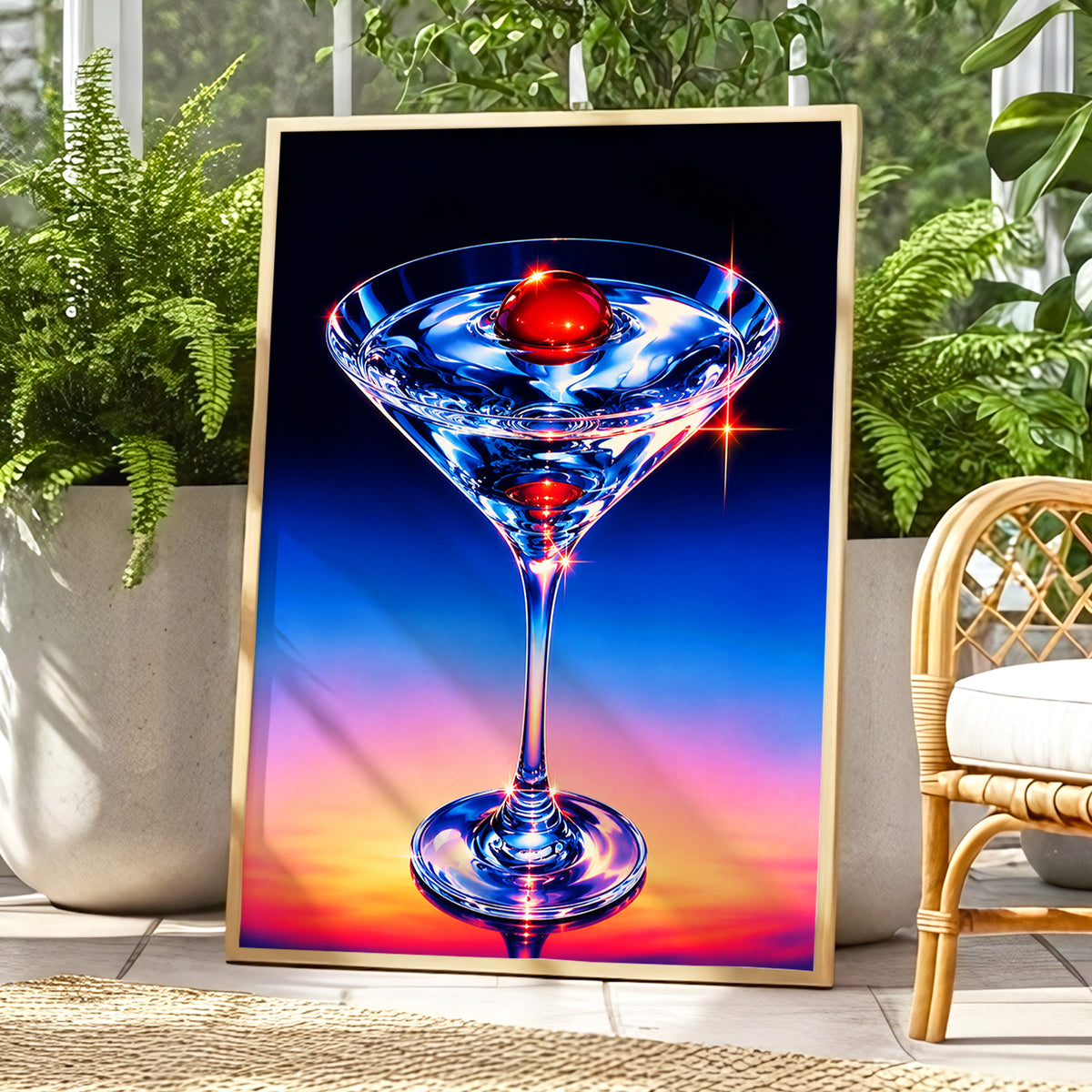Electric Cocktail, blue, black, red abstract wall art displayed in a styled interior, gallery view 6