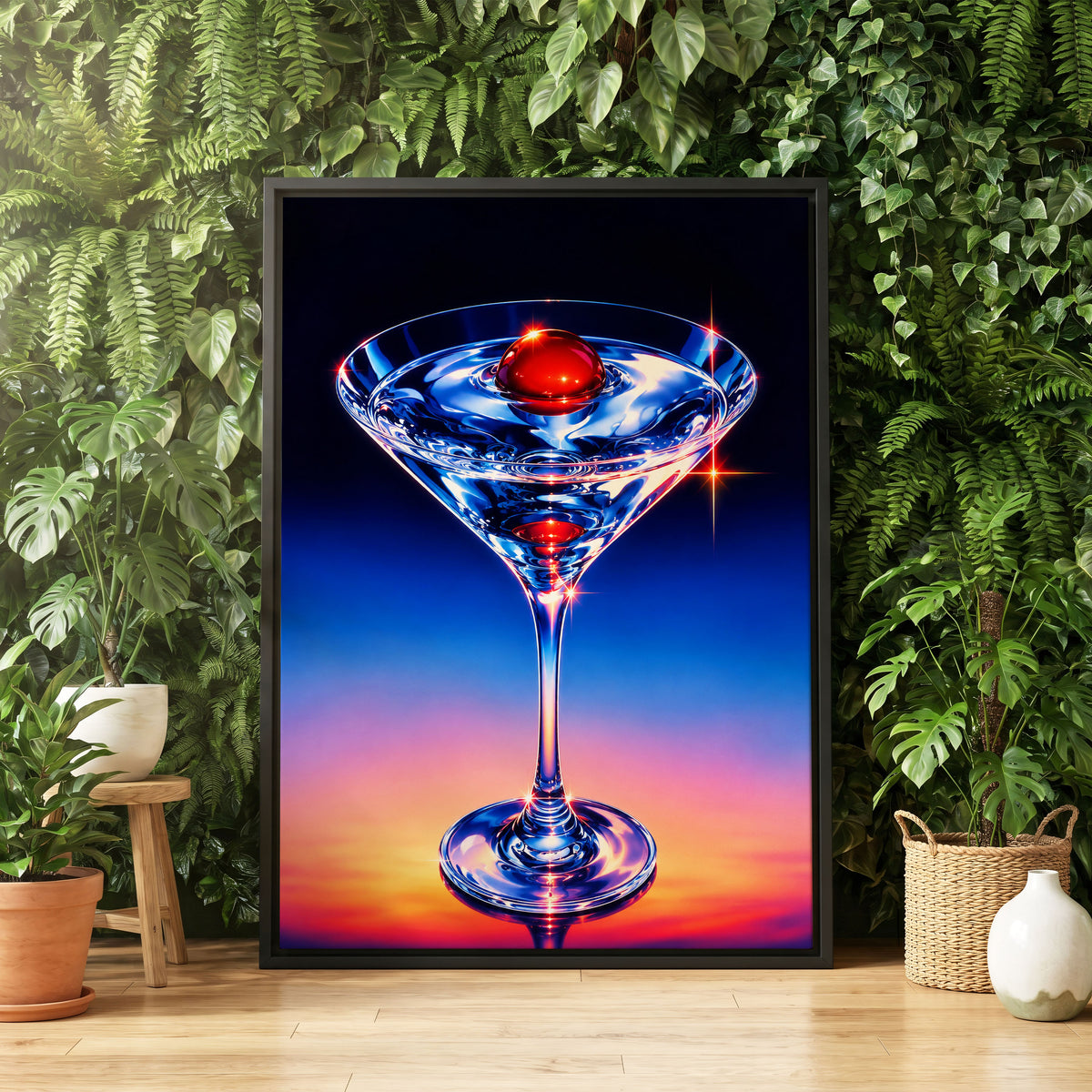Electric Cocktail, blue, black, red abstract wall art displayed in a styled interior, gallery view 8
