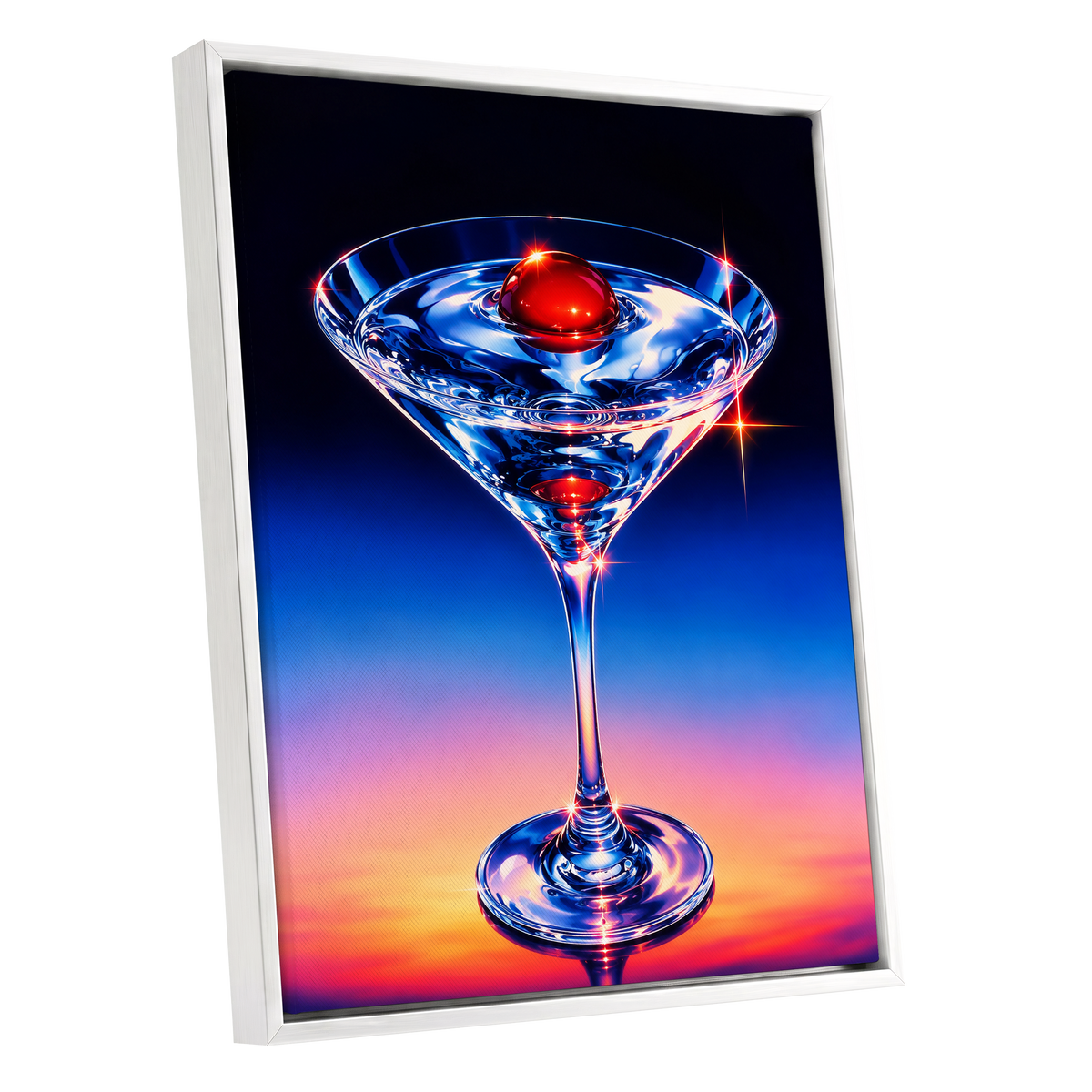 Electric Cocktail, blue, black, red abstract wall art shown as a white framed canvas wall art