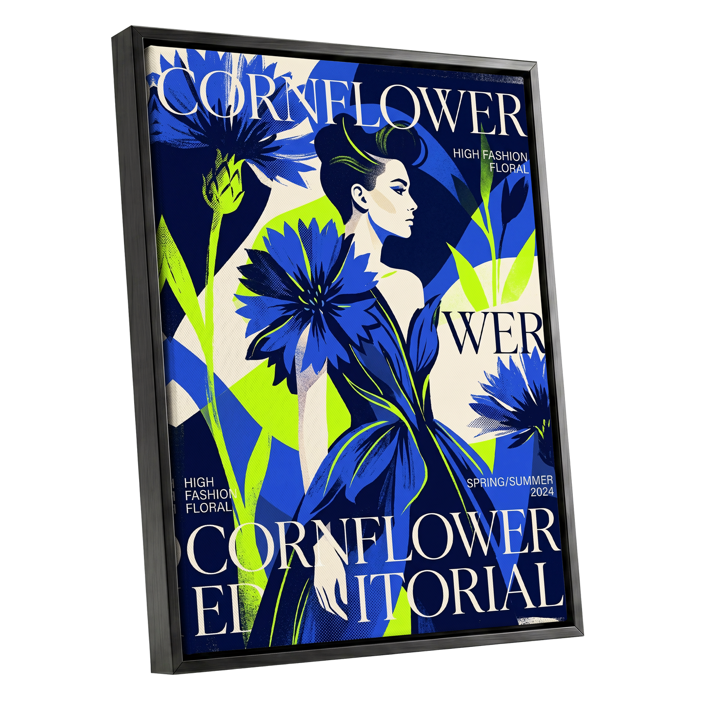 Electric Cornflower, blue, green, beige floral wall art shown as a black framed canvas wall art