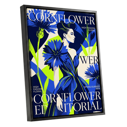 Electric Cornflower, blue, green, beige floral wall art shown as a black framed canvas wall art