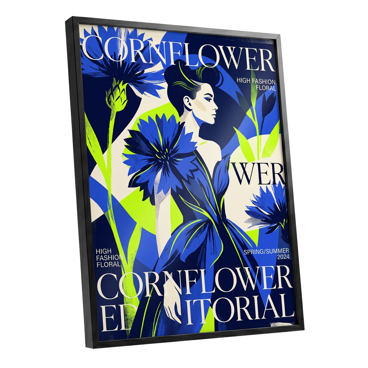 Electric Cornflower, blue, green, beige floral wall art shown as a black framed poster wall art print