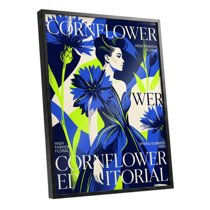 Electric Cornflower, blue, green, beige floral wall art shown as a black framed poster wall art print