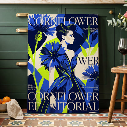 Electric Cornflower, blue, green, beige floral wall art on canvas displayed in a styled interior, gallery view 1