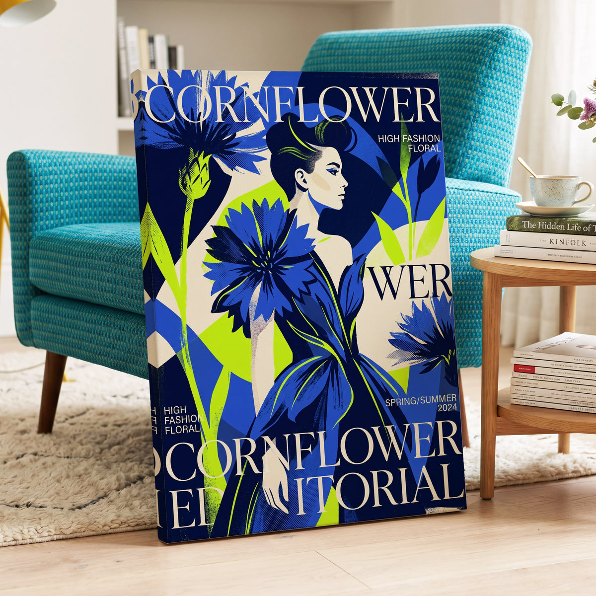 Electric Cornflower, blue, green, beige floral wall art on canvas displayed in a styled interior, gallery view 2