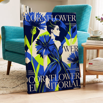 Electric Cornflower, blue, green, beige floral wall art on canvas displayed in a styled interior, gallery view 2