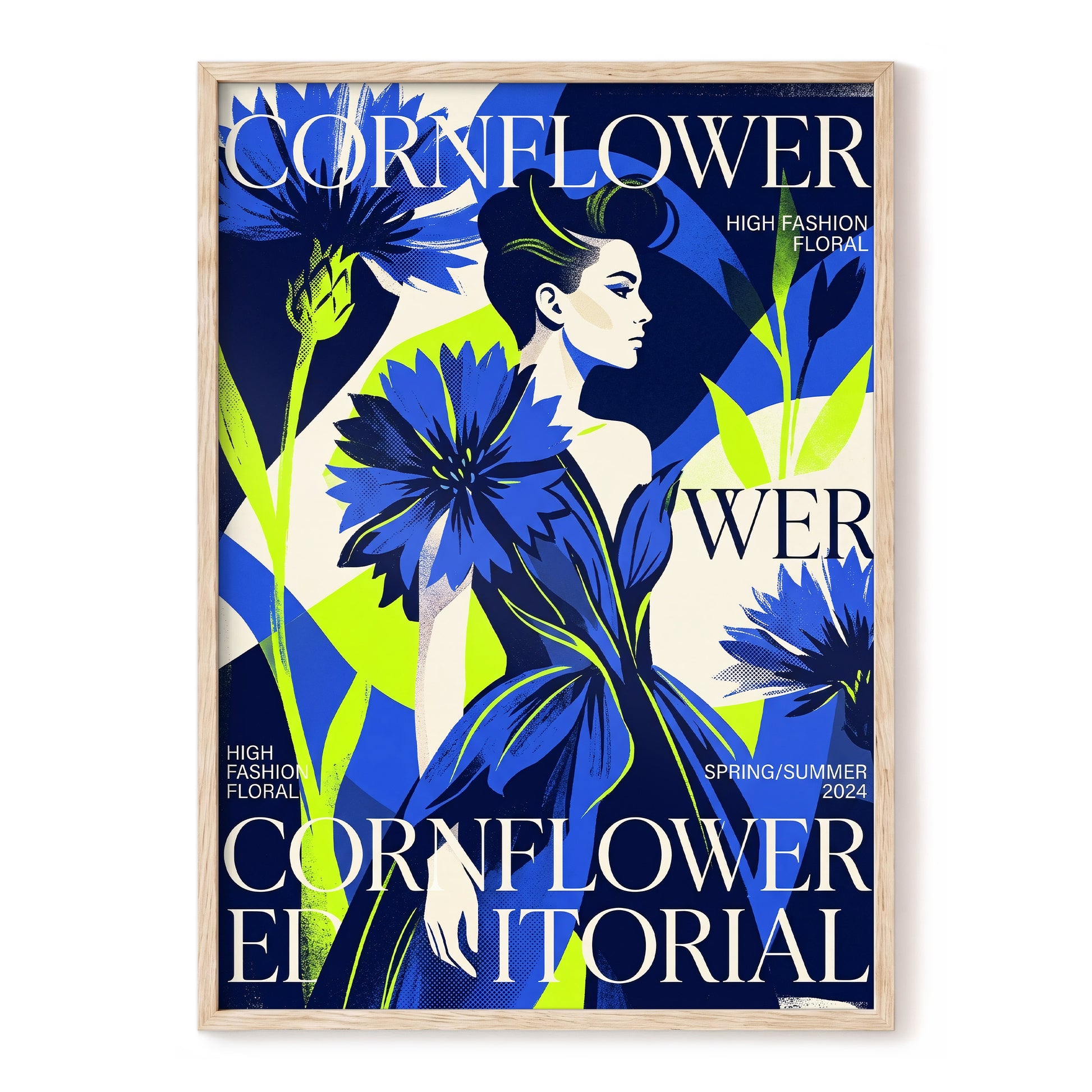 Electric Cornflower, blue, green, beige floral wall art, front artwork view
