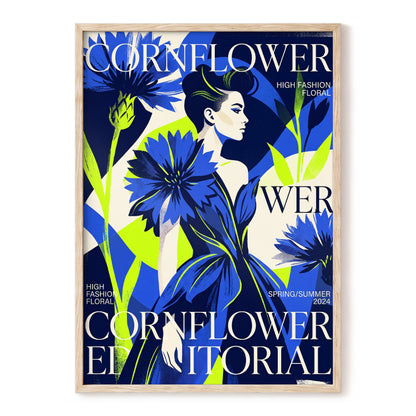 Electric Cornflower, blue, green, beige floral wall art, front artwork view