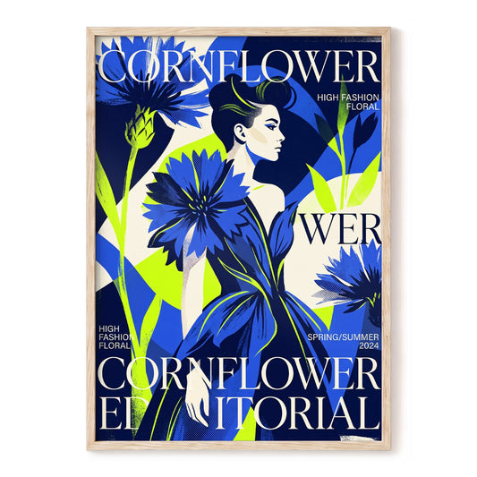 Electric Cornflower, blue, green, beige floral wall art, front artwork view
