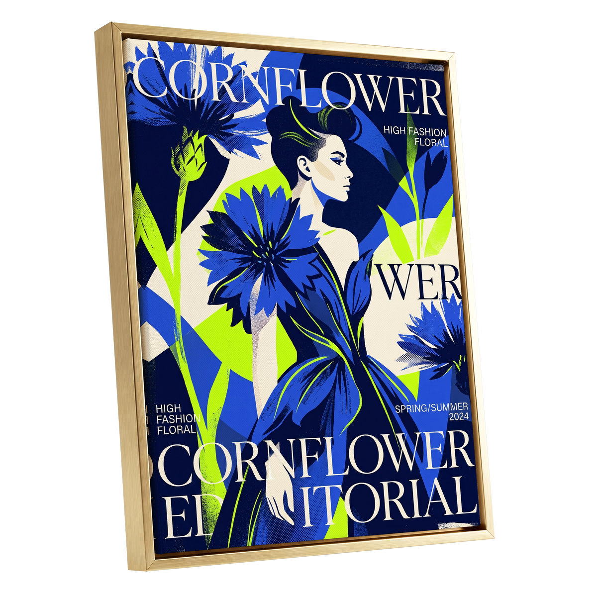 Electric Cornflower, blue, green, beige floral wall art shown as a gold framed canvas wall art