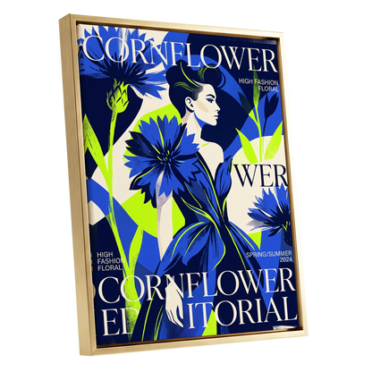 Electric Cornflower, blue, green, beige floral wall art shown as a gold framed canvas wall art