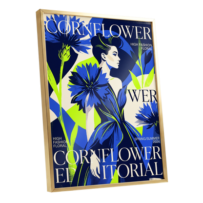 Electric Cornflower, blue, green, beige floral wall art shown as a gold framed poster wall art print